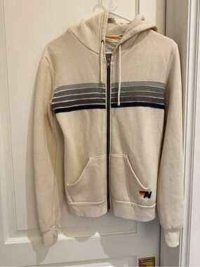 Aviator Nation Cream Zip-Up Hoodie with Navy and Gray Stripes